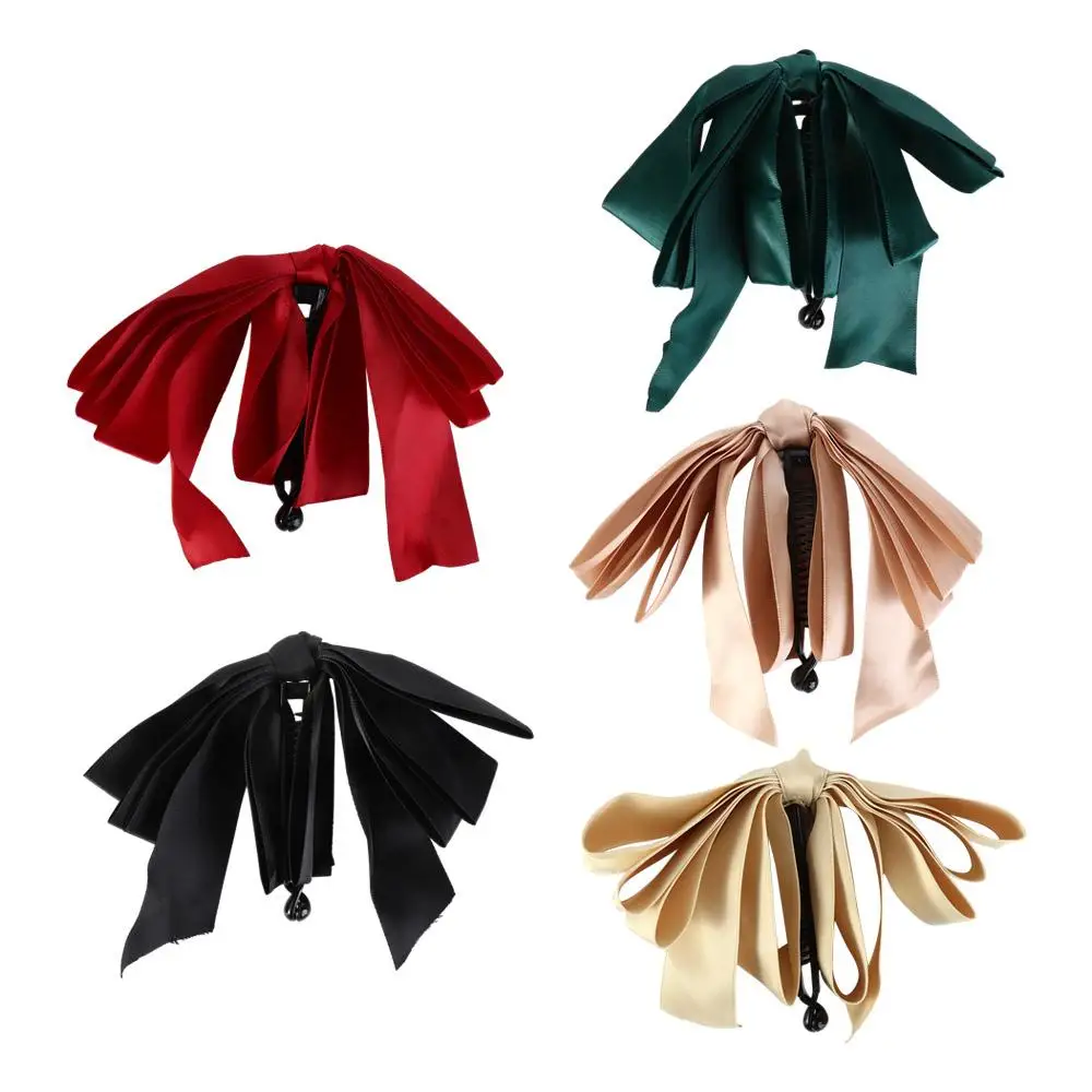 Elegant Bowknot Ribbon Vertical Clip High Ponytail Fixed Satin Girls Hairpin Bow Headwear Banana Clip Korean Style Hair Clip