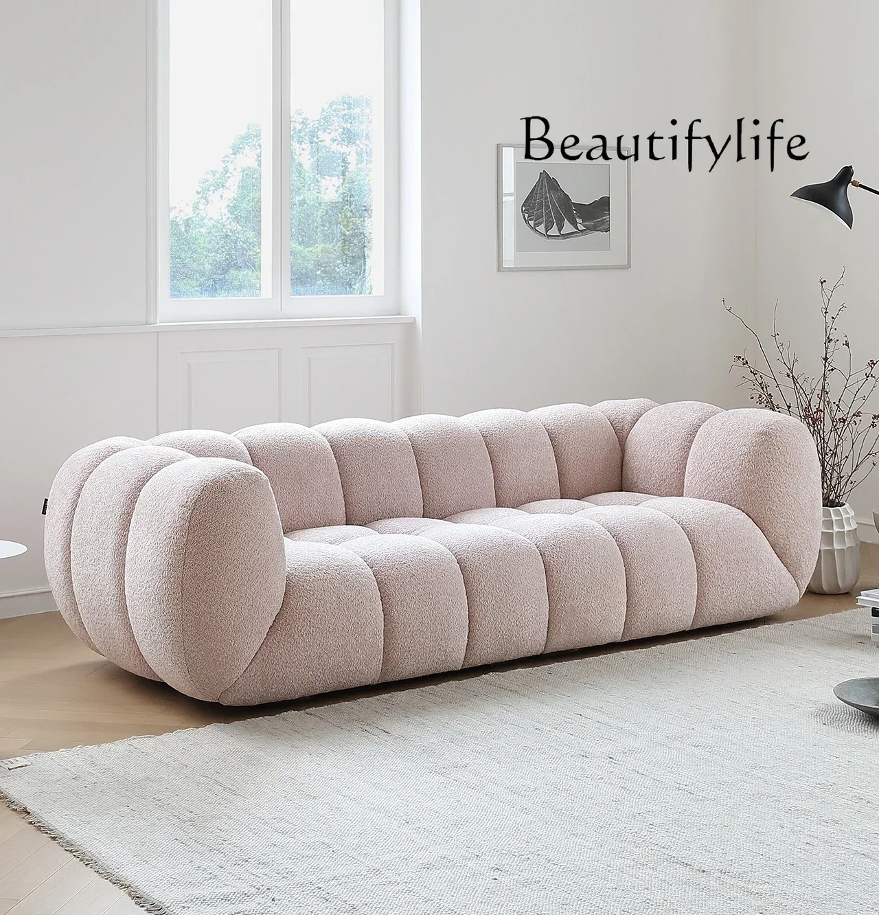 

Nordic Cream Style Fabric Cotton Candy Small Apartment Living Room Straight Pink Puff Sofa