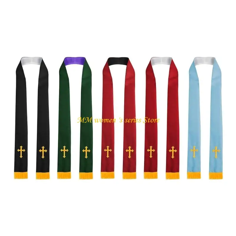 Q39C Unisex Reversible Priest Scarf Embroidery Christian Crossed Detailing Clergy Mass Stole For Church Ceremonies Gathering
