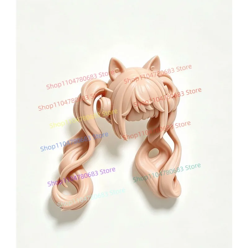 MOC New Minifigure Accessory Headwear Cat Ear Double Ponytail Wavy Hair Toy Building Block Collectible Ornament Holiday Gift