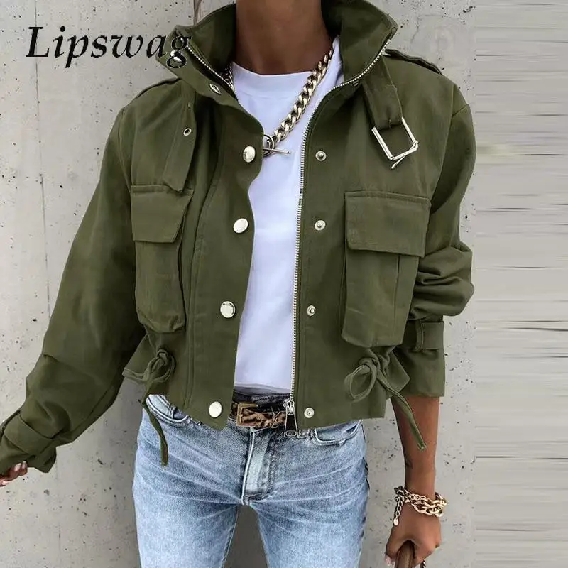 Women Long Sleeve Patch Pocket Coats Winter Street Cropped Bomber Jacket Fashion Graphic Stand Collar Buckle Slim Outwear 2024