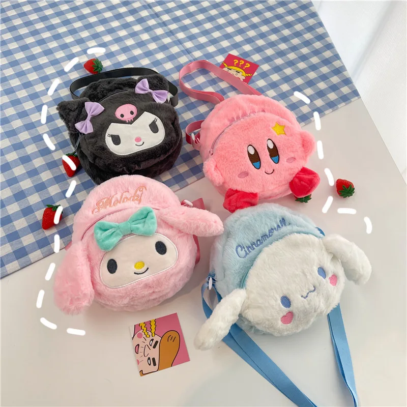 Bolsa de peluche de Anime Sanrio Kuromi para niña y niño, bolso cruzado con diseño japonés My Melody, accesorios de Cinnamoroll, rosa, Kirby