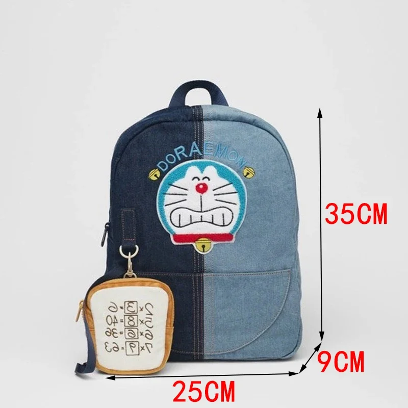 Doraemon Backpack for Girls Cowboy Twill Fabric Cartoon Embroidery Bags Cute Child Backpacks with Coin Purses Kawaii Schoolbags