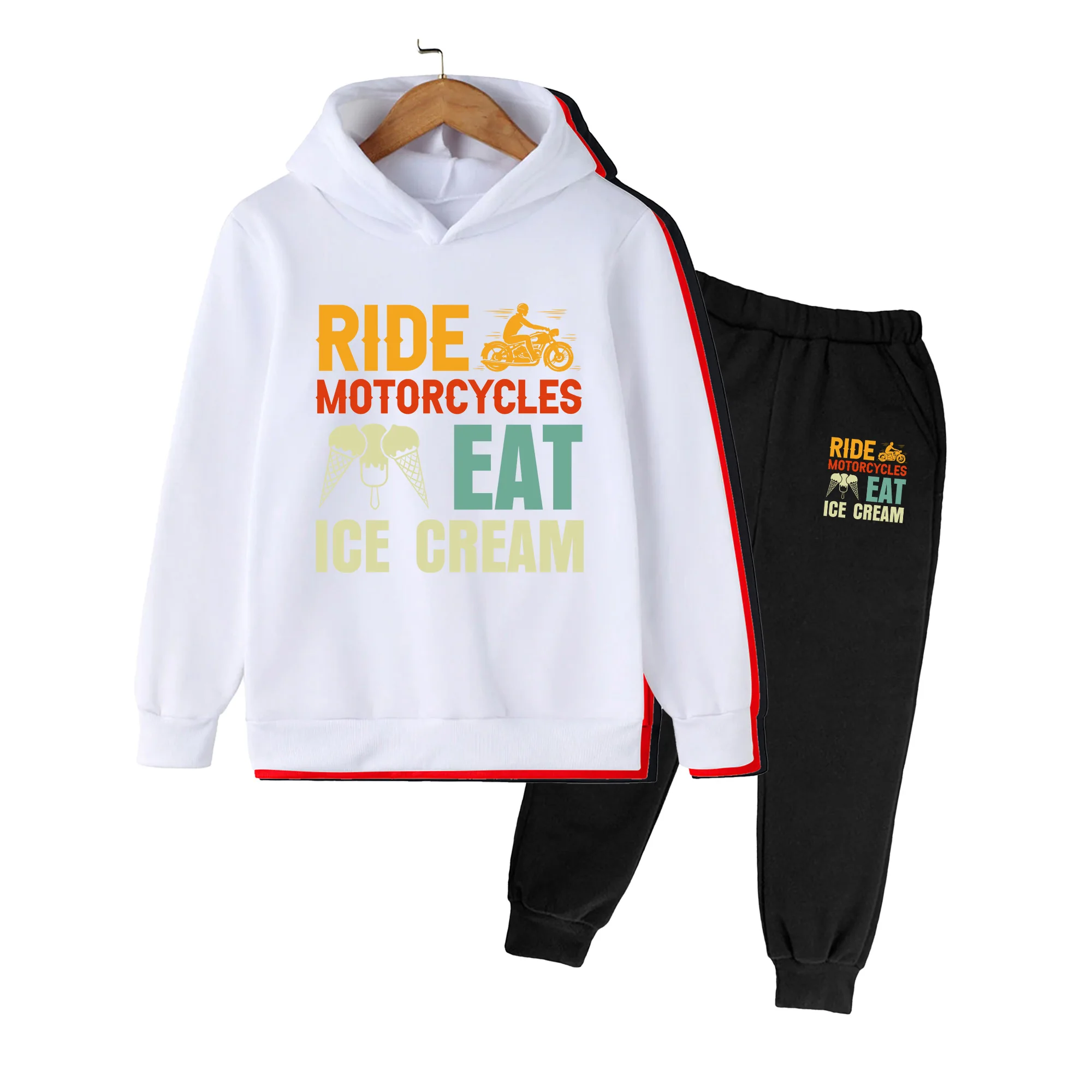 Kids Hoodie & Pants Set, Ride Motorcycles & Eat Ice Cream Print Casual Outfit for Boys Girls