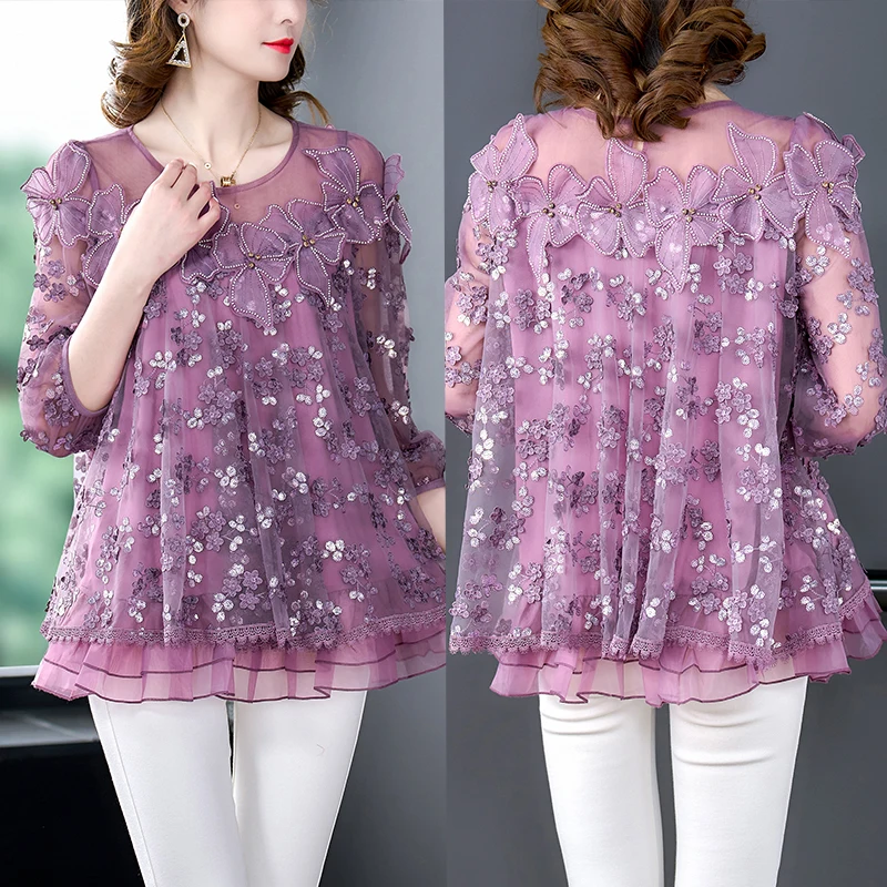 2023 Spring/Summer New Large Silk Mesh Flower Embroidered Doll Neck Shirt Women's Bohemian Slim Sequins 3D Flower Top Shirt