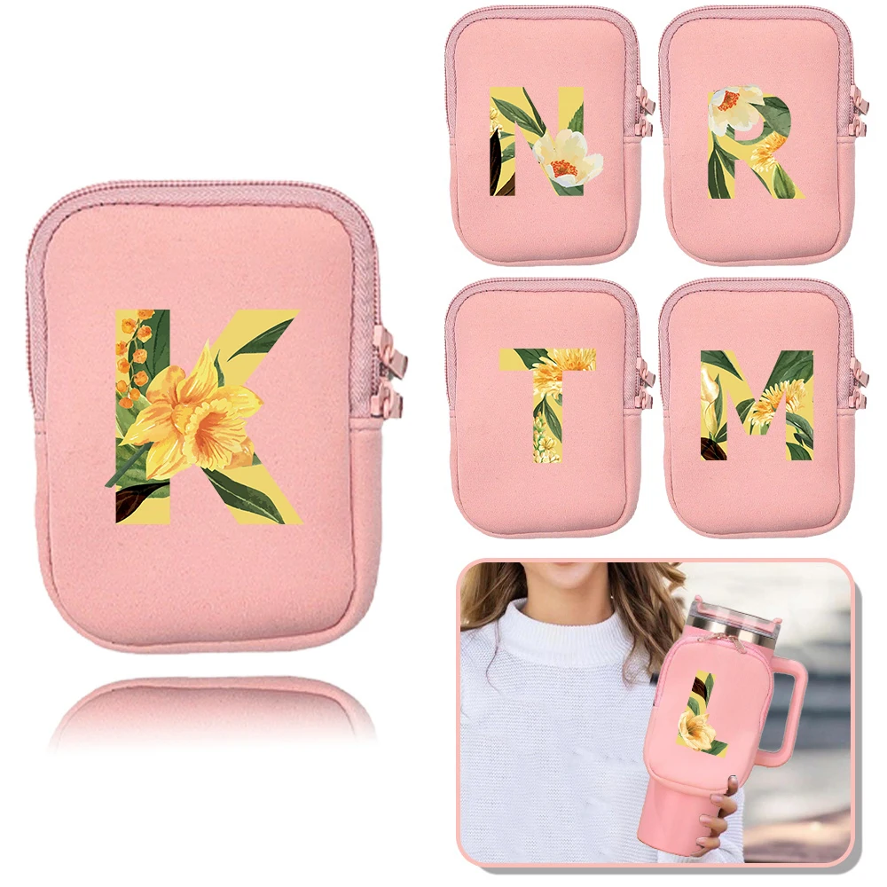 Water Bottle Pouch Water Cup Bags Multifunctional Double Zipper Key Fitness Card Small Item Floral Pattern Series Storage Bag