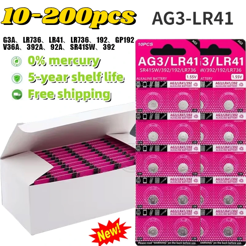 2024 New AG3 LR41 392 192 1.55V Button Batteries for Watch Toys Remote V392 SR41 384 SR41SW CX41 L736 Cell Coin Alkaline Battery