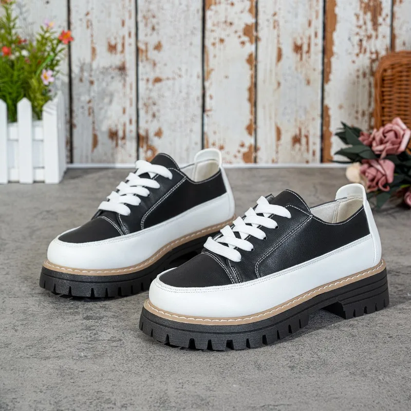 Women Platform Loafers Lace Up Chunky Sole Color Block Ladies Casual Shoes All Season Non Slip Walking Footwear Ladies Women's 6