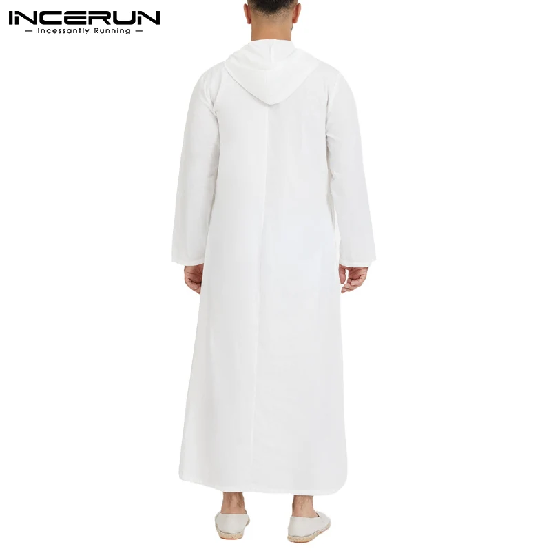 INCERUN Men Muslim Robe Hoodies Kaftan Saudi Arabic 2024 Caftan Long Sleeve Arabic Islamic Jubba Thobe Casual Man Clothing S-5XL