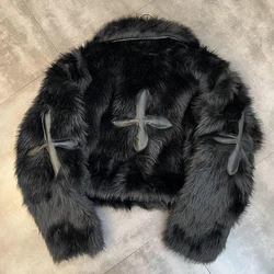 Winter Women Cotton Jacket Lapel Long Sleeve Patch Cross Short Fur Coat Black 2025 New