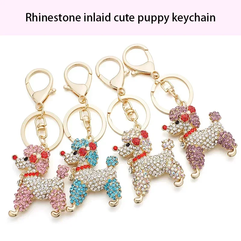 

Rhinestone Inlay Cute Puppy Design Keychain Creative Metal Car Keychain Poodle Shape Rhinestone Pendant Car Decoration