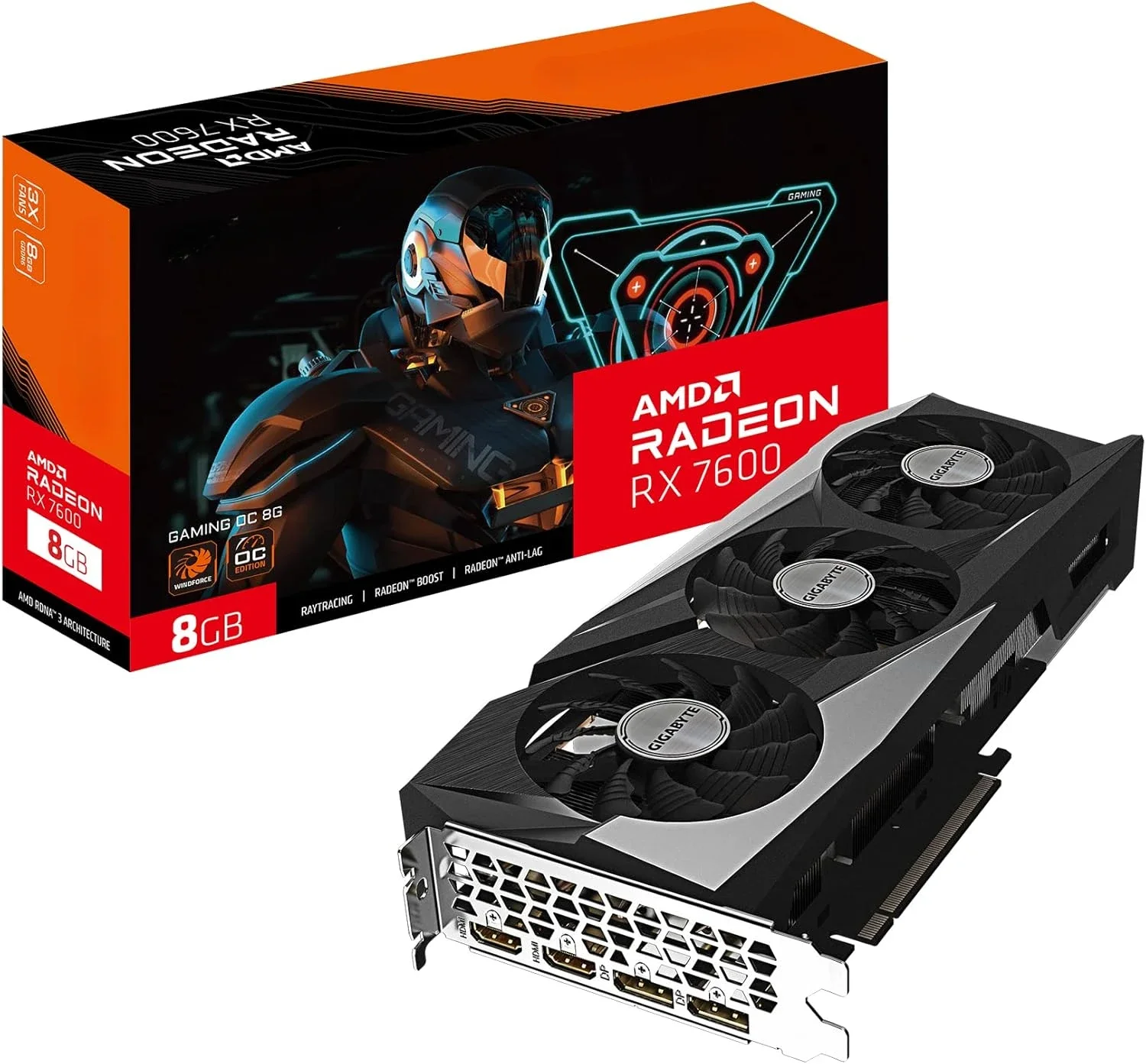 بطاقة رسومات GV-R76GAMING OC-8GD Radeon RX 7600 Gaming OC 8G، 3X WINDFORCE Fans 8GB 128-bit GDDR6، بطاقة فيديو