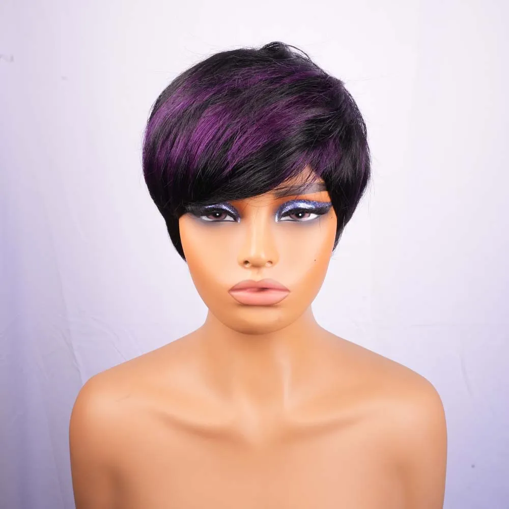 짧은 보브 가발 인모 앞머리 있는 픽시컷 블랙 믹스 퍼플 스트레이트 기계식 가발 흑인 여성용