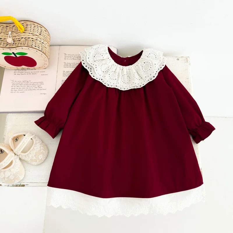 

Doll Collar Lace Trim Dress, New Spring and Autumn Long Sleeve Red Princess Dress for Little Girls