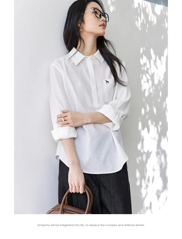 VIMLY White Long Sleeve Shirt Deer Embroidery Design Sense Women's Spring 2025 New Commuter Loose Top A0322