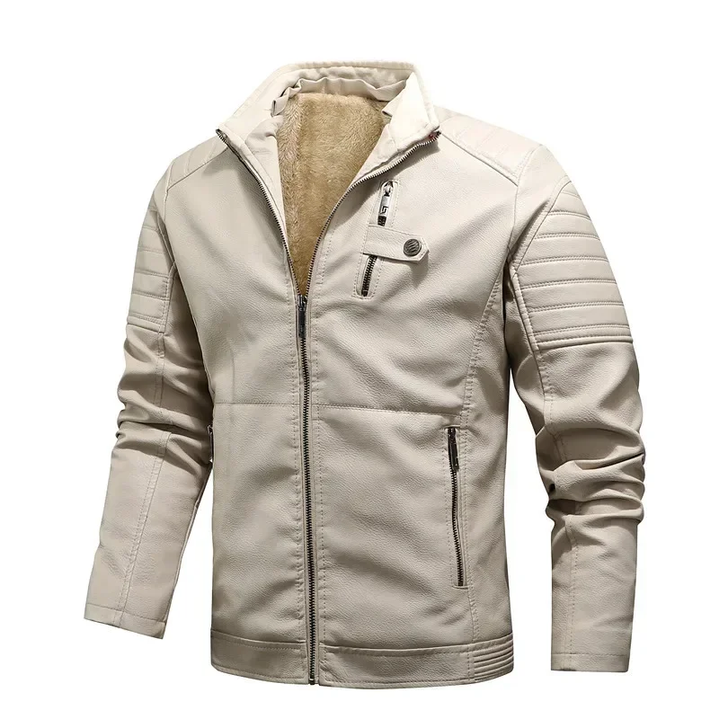 Chaquetas de cuero de lana para hombre, abrigo grueso y cálido de cuero PU, cuello de pie, talla 5XL