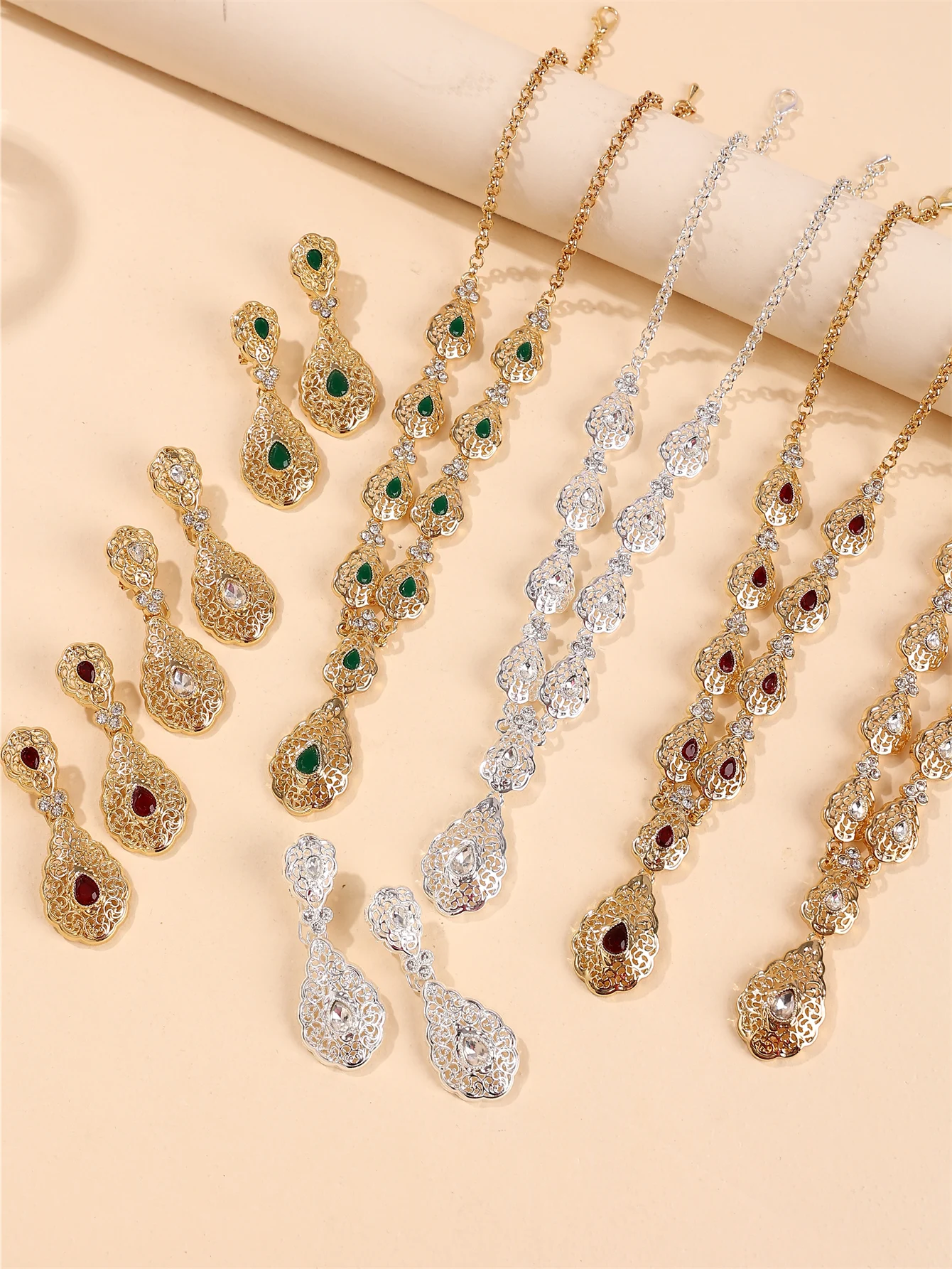 1 Set Vintage Palast-Stil Damen Halskette und Ohrringe Schmuckset, Tropfenförmig mit Strass-Einlagen, Schmuckset für Arabische Frauen für Hochzeiten, Bankette und Feste – Detail 1