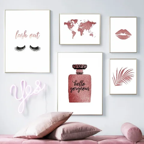 Modern Canvas Wall Art Pink Glitter Perfume Bottle World Map Poster for Girls Room Home Decor