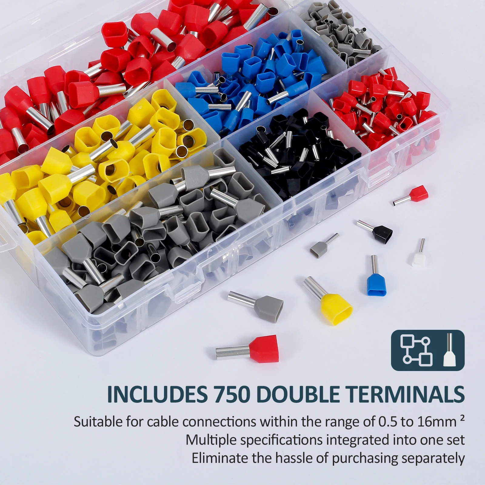 750 قطعة مجموعة حلقات نهاية الأسلاك المزدوجة متعددة الأغراض موثوقة حلقات نهاية الأسلاك المزدوجة مع صندوق سهل الاستخدام لتوصيل الكابلات