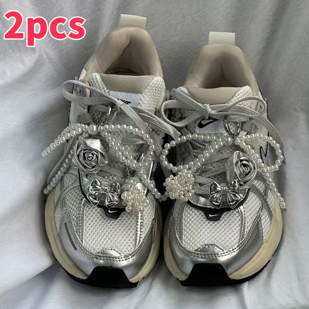 1pair Fashion Pearl Bowknot Shoelace Accessories Silver Jelly Color Bow Shoe Charms Sneakers Decorations DIY Phone Chain Jewelry