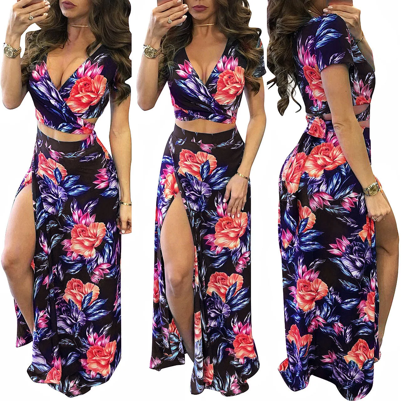 Frauen Sommerkleid Sets Blumen gedruckt zweiteiligen Rock Set sexy Crop Top und Rock 2 Stück Anzüge Bohemian Party Outfits neu