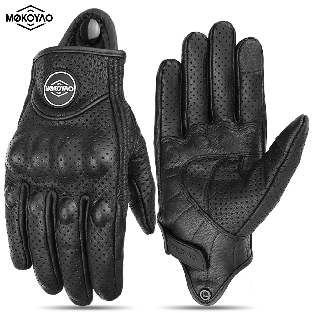 

Retro Leather Motorcycle Gloves Breathable Full Finger Motorbike Urban Riding Glove Vintage Touch Screen Motocross Gloves Black