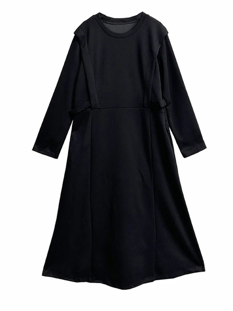 [EAM] Women Black Brief Big Size Shaped Midi Thick Dress New Round Neck Long Sleeve Fashion Tide Spring Autumn 2024  1DH6822