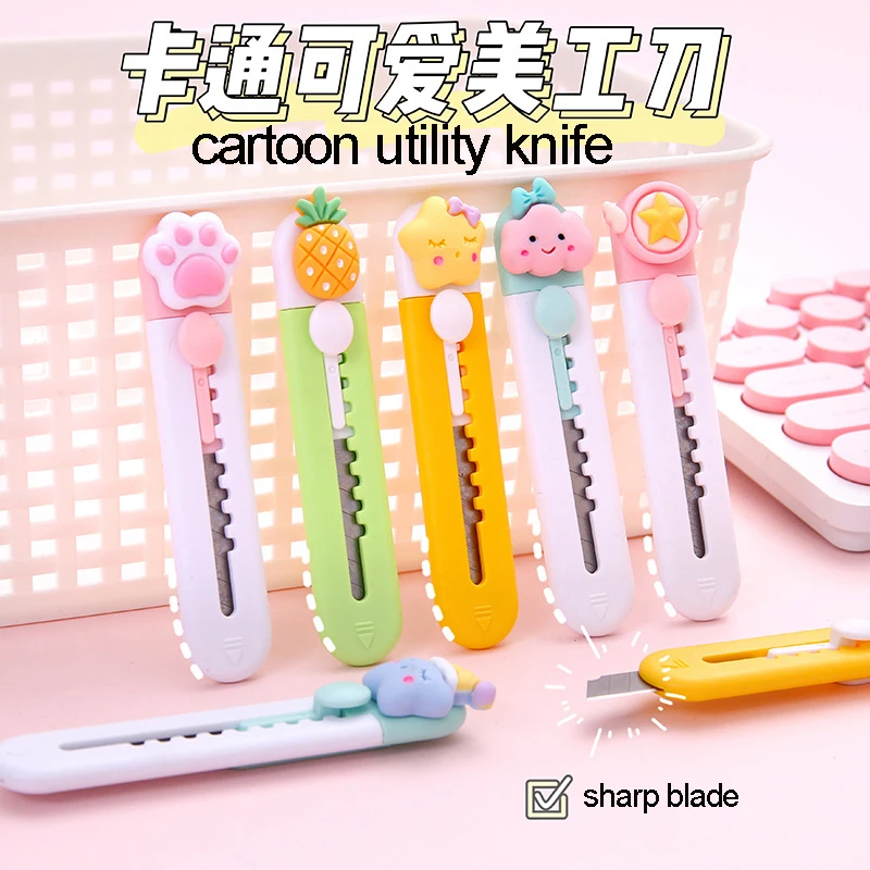 1pcs Kawaii Utility Knife Retractable Box Cutters Sharp Easy To Use Cutting Tools For Opening Letters Packages Cardboard Boxes