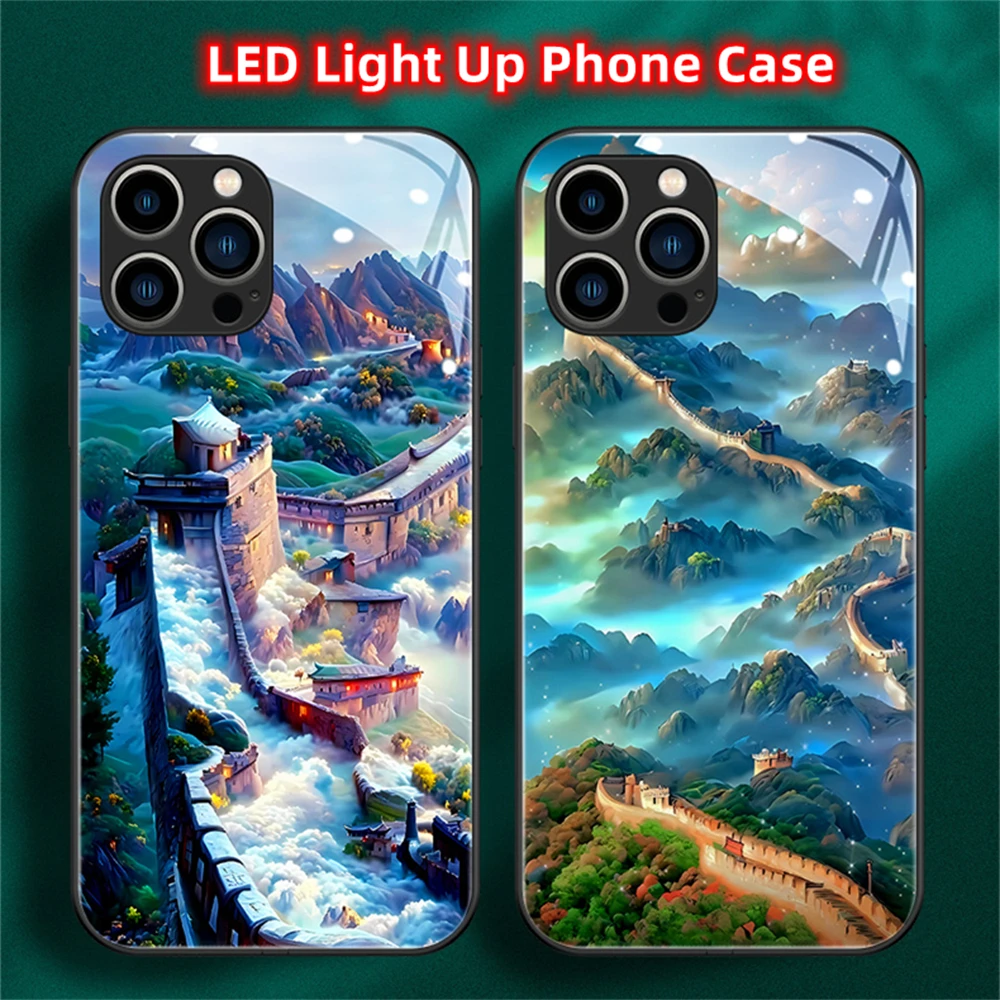 

The Great Wall Design Luminous Phone Case For Samsung S24 S23 S22 S21 S20 FE Note 10 20 Plus Ultra A54 A14 LED Lights Up Covers