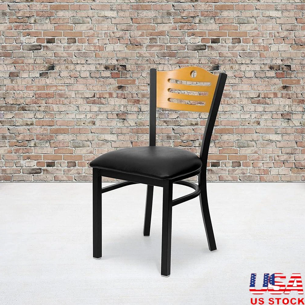 4 Pack Heavy Duty Slat Back Restaurant Chairs Metal Frame Black Vinyl Seat Natural Wood Back Indoor Outdoor Use