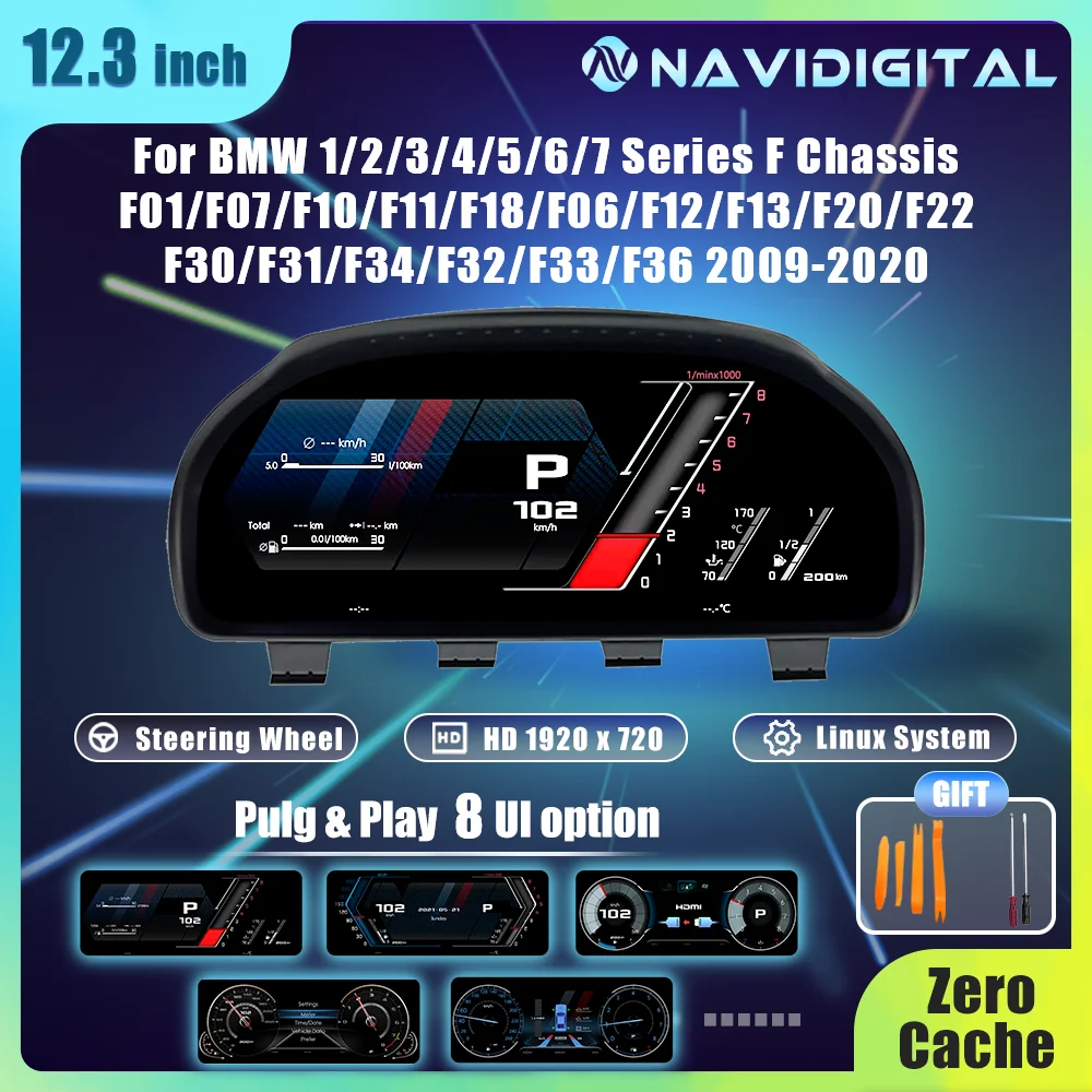 12,3" NavidigitalDashboard für BMW 1-7er Serie F01/F07/F10/F11/F18/F06/F12/F13/F30/F31/F34/F32/F33/F36/F20/F22 Baujahre 2009-2020 Virtuelles Cockpit-Instrumentenpanel