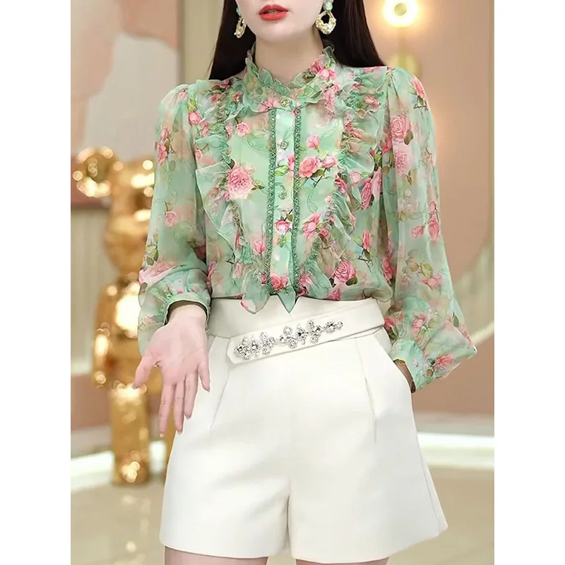 Blusa con bordado de encaje y volantes para mujer, camisa holgada con manga farol, Estilo Vintage, elegante, para otoño, 2023