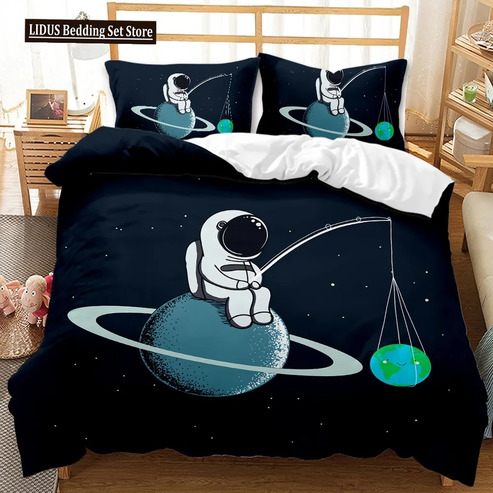 

Child Cartoon Astronaut Duvet Cover Bedding Set King Size Boys Galaxy Stars Out Space Soft Polyester Comforter Cover Black