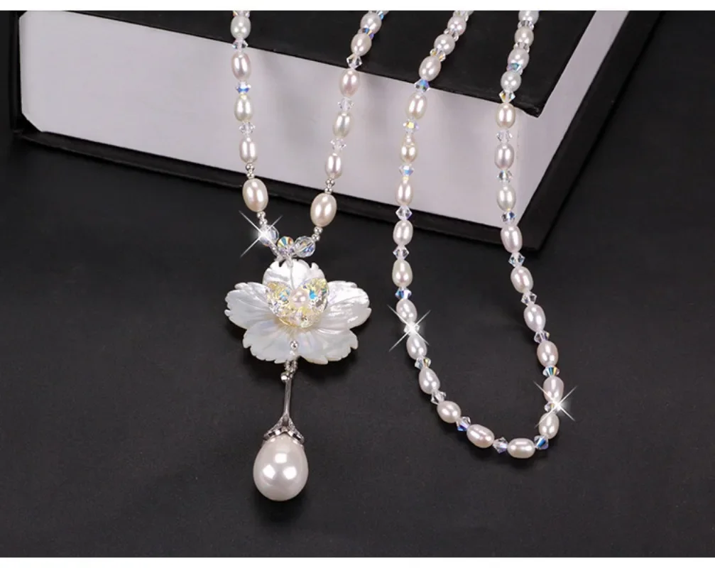 우아한 꽃무늬 스웨터 체인, 가을과 겨울을 위한 길고 다재다능한 크리스탈 목걸이