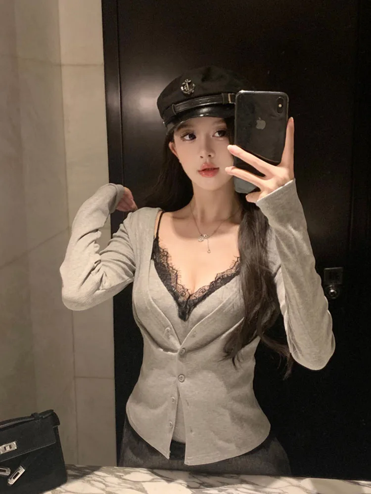 Sexy Sweet 2000s Aesthetic Outfits 2 Piece Set Women Off Shoulder Lace Camisole Coquette + Grey Knitted Cardigan Simple Clubwear