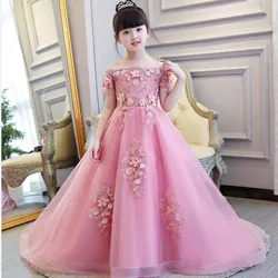 Glizt Bead Appliques Flower Girl Wedding Dresses Long Trailing Girl Party Princess Birthday Dress First Communion Gown for Kid