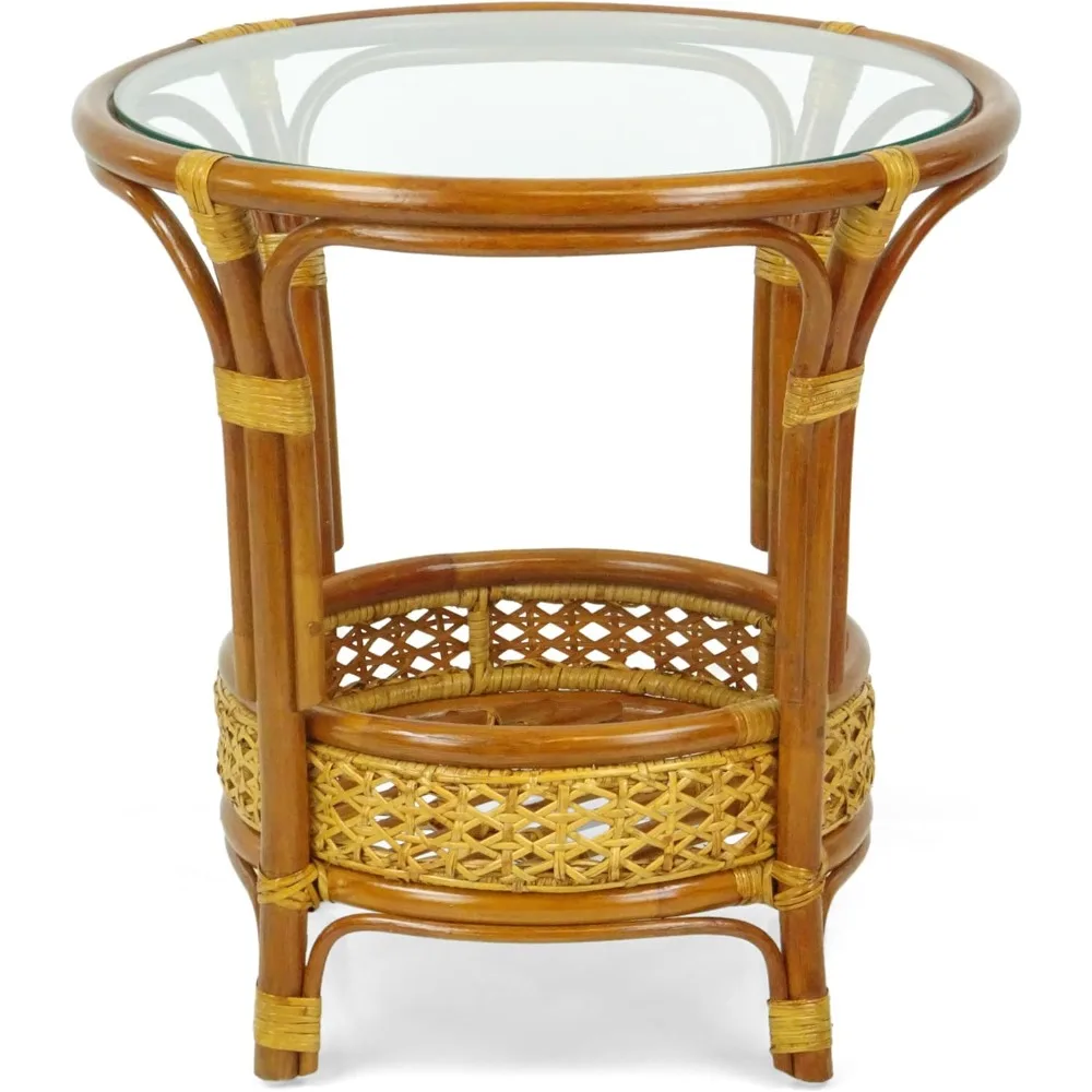 Pelangi Coffee Round Table Colonial Color Handmade ECO Natural Rattan Wicker with Glass Top
