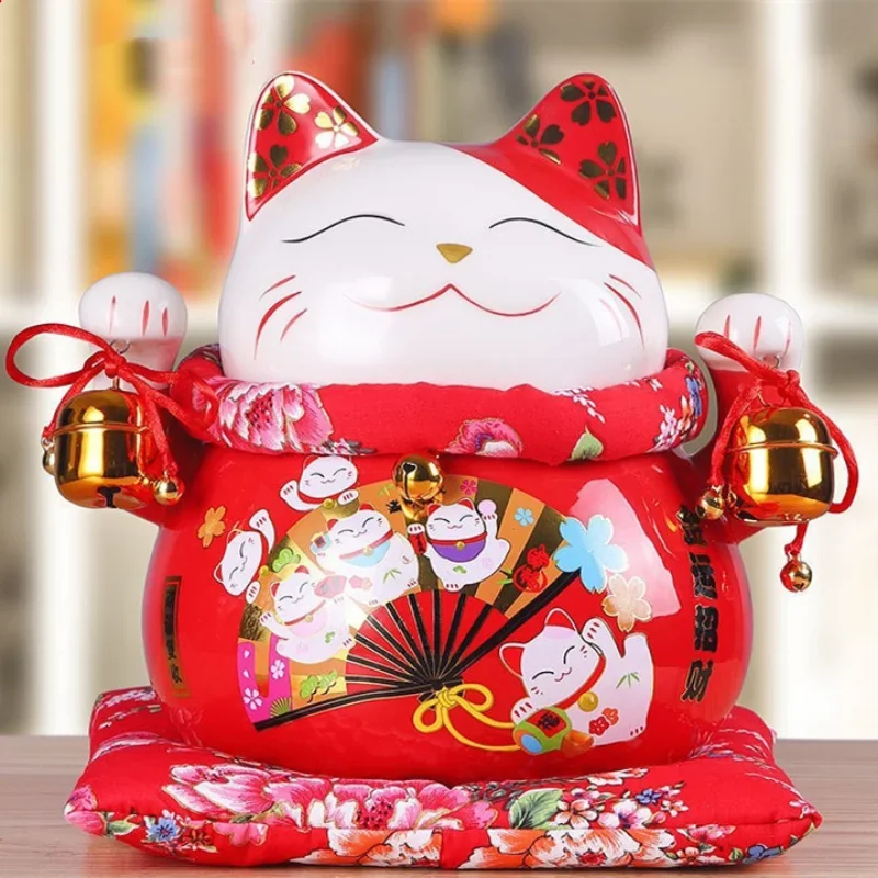 10 Inch Lucky Cat Ceramic Piggy Bank Japan Happy Cat Ornaments Porcelain Accessories Shop Open Gift Coin Storage Home Decoration