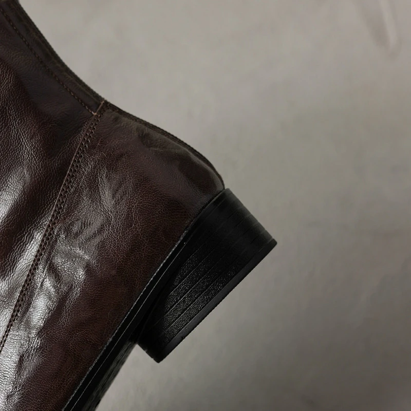 여성용 새 가죽 양가죽 보우 스퀘어 토와 종아리 중간 굽 지퍼 탄성 부츠 슬림 부츠 복고풍 패션 숏부츠