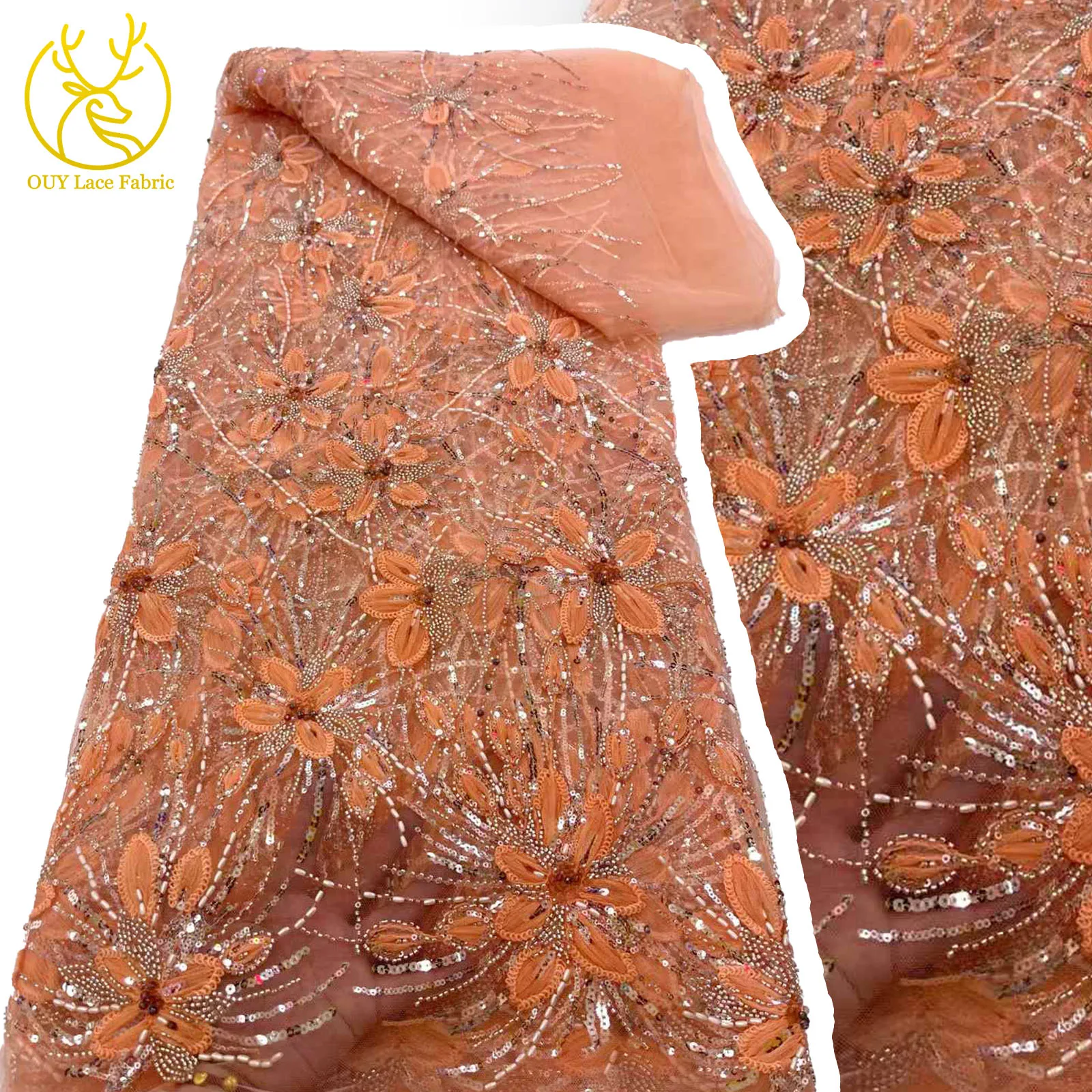 

African Lace Fabric 2025 Crystal Sequins Beaded French 3D Flower Embroidery Tulle Lace Fabric New Zealand Wedding Dress Sewing