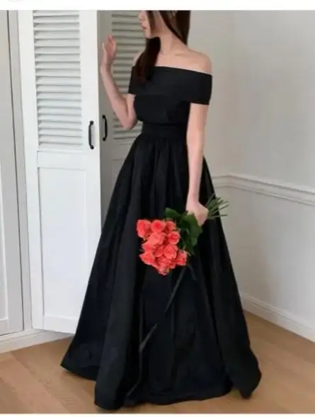 

OLOEY Simple Black Taffate Evening Dresses Photoshoot Wedding Dress Short Sleeves Prom Gowns Corset Back Custom Made