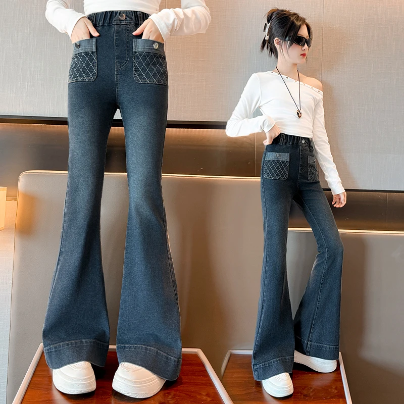 

Cool Child Fashion Street Flare Slit Design Jeans Girls Vintage Blue Boot Cut Denim Trousers Teenage Kids Patchwork Jeans Pants