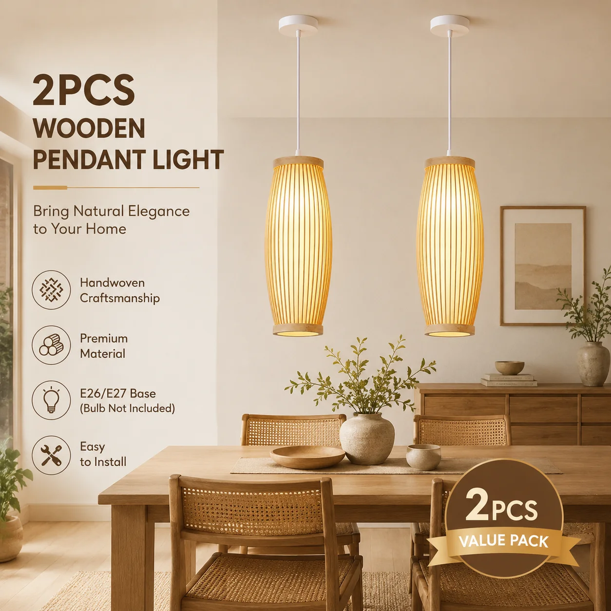 JOYINLED Bamboo Pendant Light, E26/E27 Hanging Lamp, D13 X H36CM, Woven Ceiling Light, No Bulb, 1/2/3 PCS