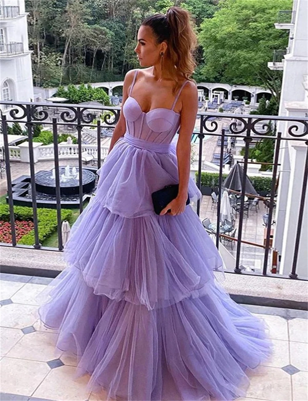 Robe de Bal de Forme Trapèze en Tulle à Plusieurs Niveaux, Superbe, Corset de Princesse, Bretelles Spaghetti, Longueur au Sol