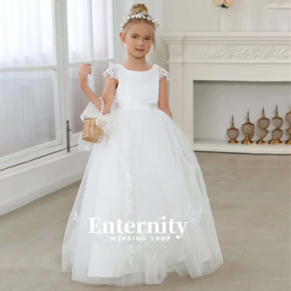 

Flower Girl Dresses White Tulle Satin Lace Flory Appliques With Pink Belt Half Sleeve For Wedding Birthday Banquet Princess Gown