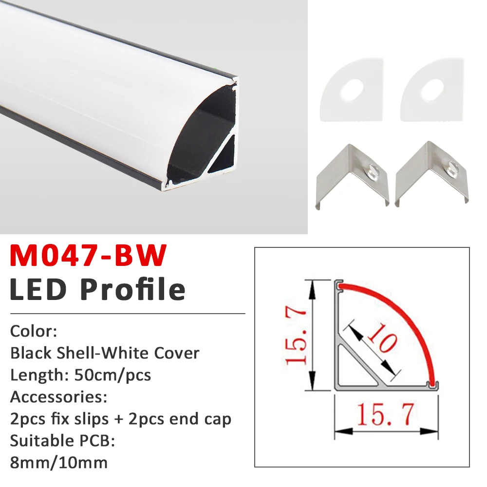50 cm LED-Aluminiumprofil für Bandleuchten, 8 mm, 10 mm, Eckkanaldiffusor, V-Form, Schwarz-Silber-Gehäuse, 90-Grad-Deckendekoration