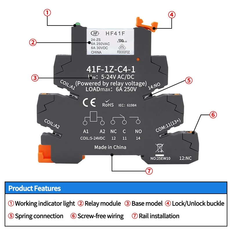 10PCS DIN Rail Relay Module HF 41F With LED 6A Slim Relay 5V 12V 24V High Frequency Relay 41F-5-ZS 41F-12-ZS 41F-24-ZS