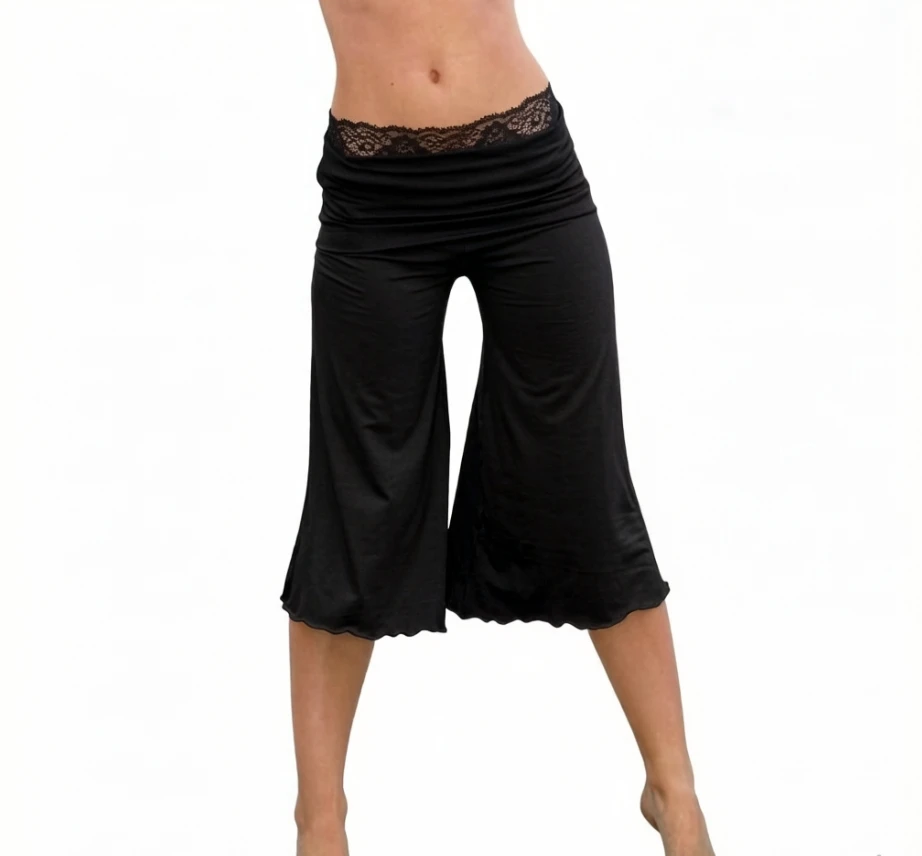 Women's Capri Lounge Pants Summer Wide Leg Cropped Pants Stylish Lace Trim Fold Over Waistband Mid Rise Baggy Trousers
