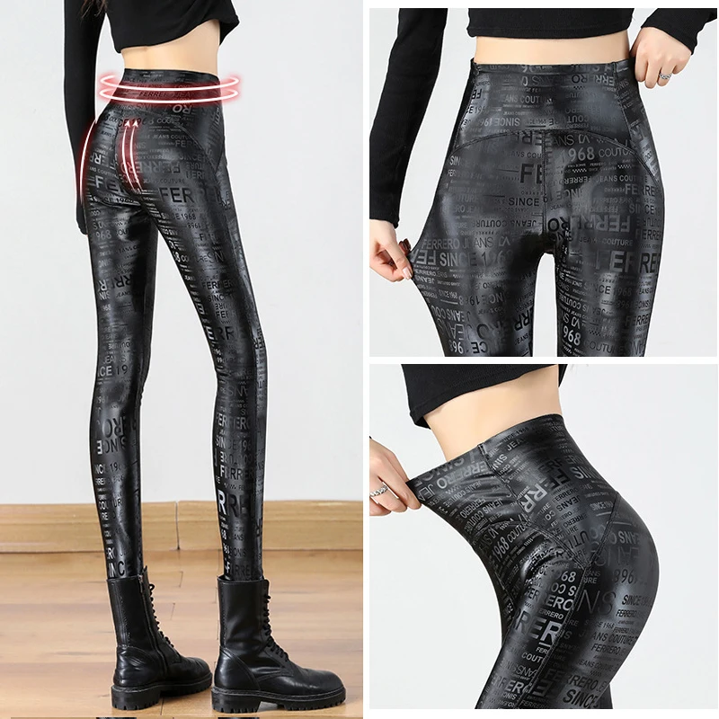 Letter Graffiti PU Leather Pants Women\'s Autumn Winter Plus Velvet Warm Leggings Gothic Stretch Tight High Waist Pencil Pants