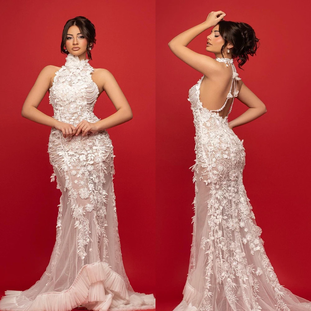 

Elegant Wedding Dresses Halter Appliques Bridal Gowns Sequins Pearls Princess Backless Mermaid Customized Vestidos De Novia